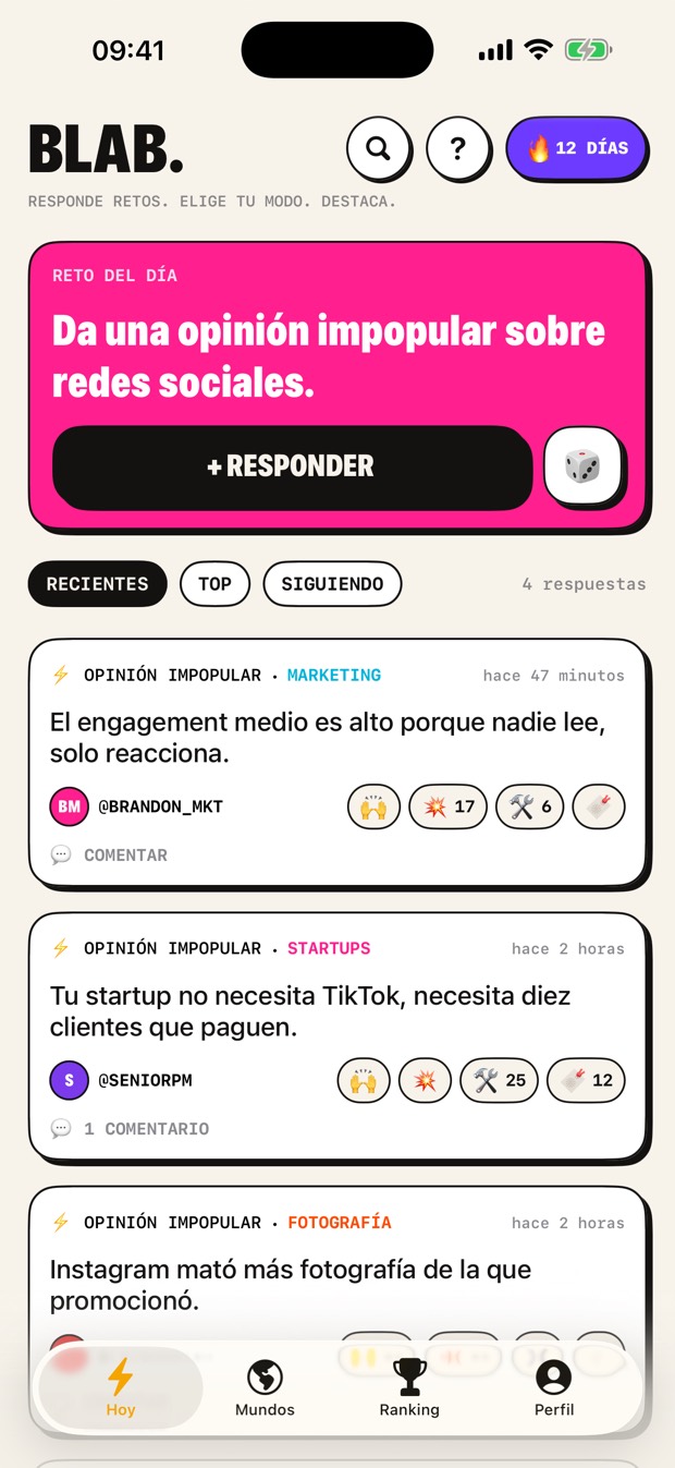 La pestaña Hoy: el reto del día y las respuestas que lleva.
